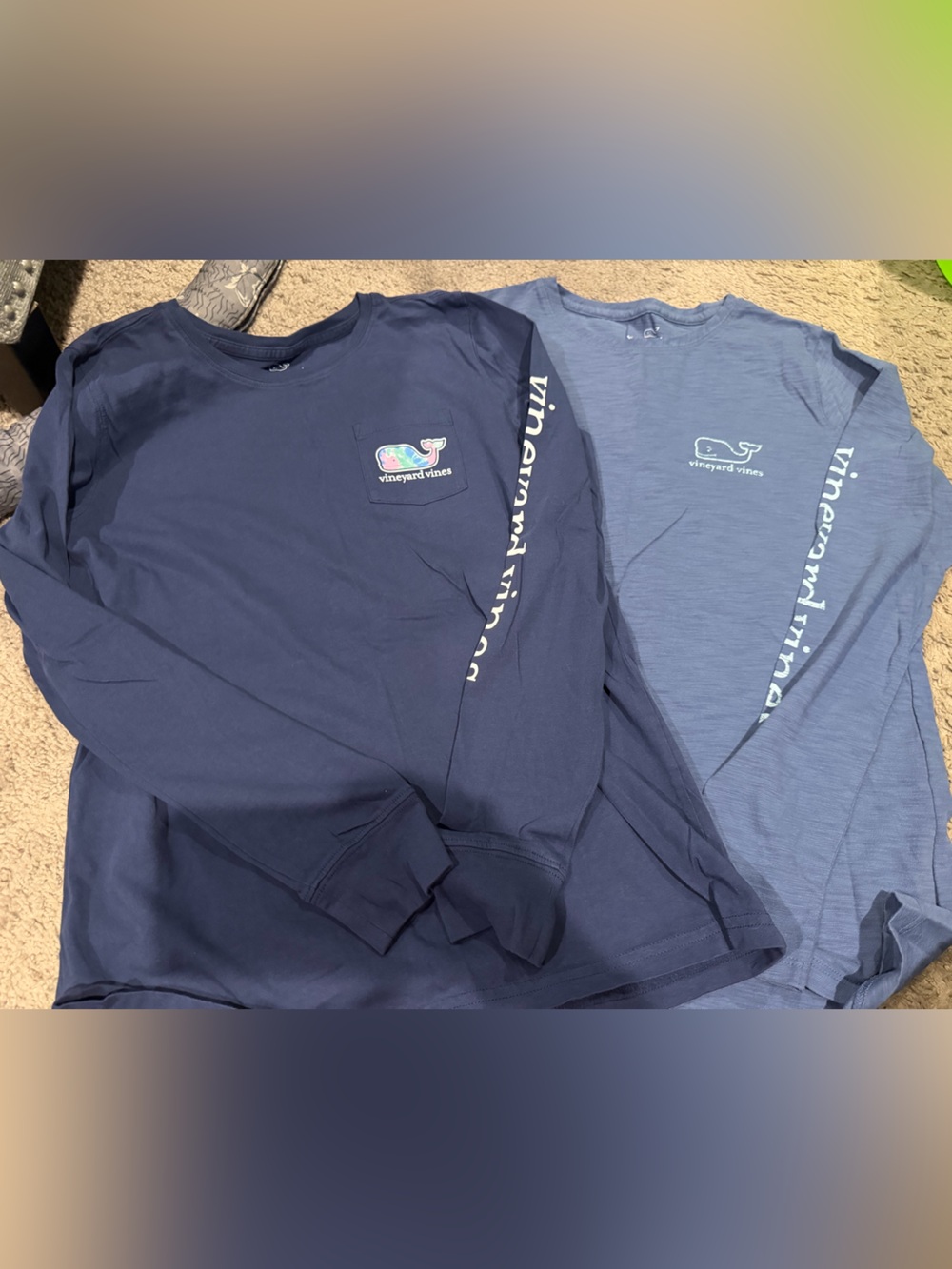 Vineyard Vines Long Sleeve Tee in Navy and Light Blue with Whale Logo